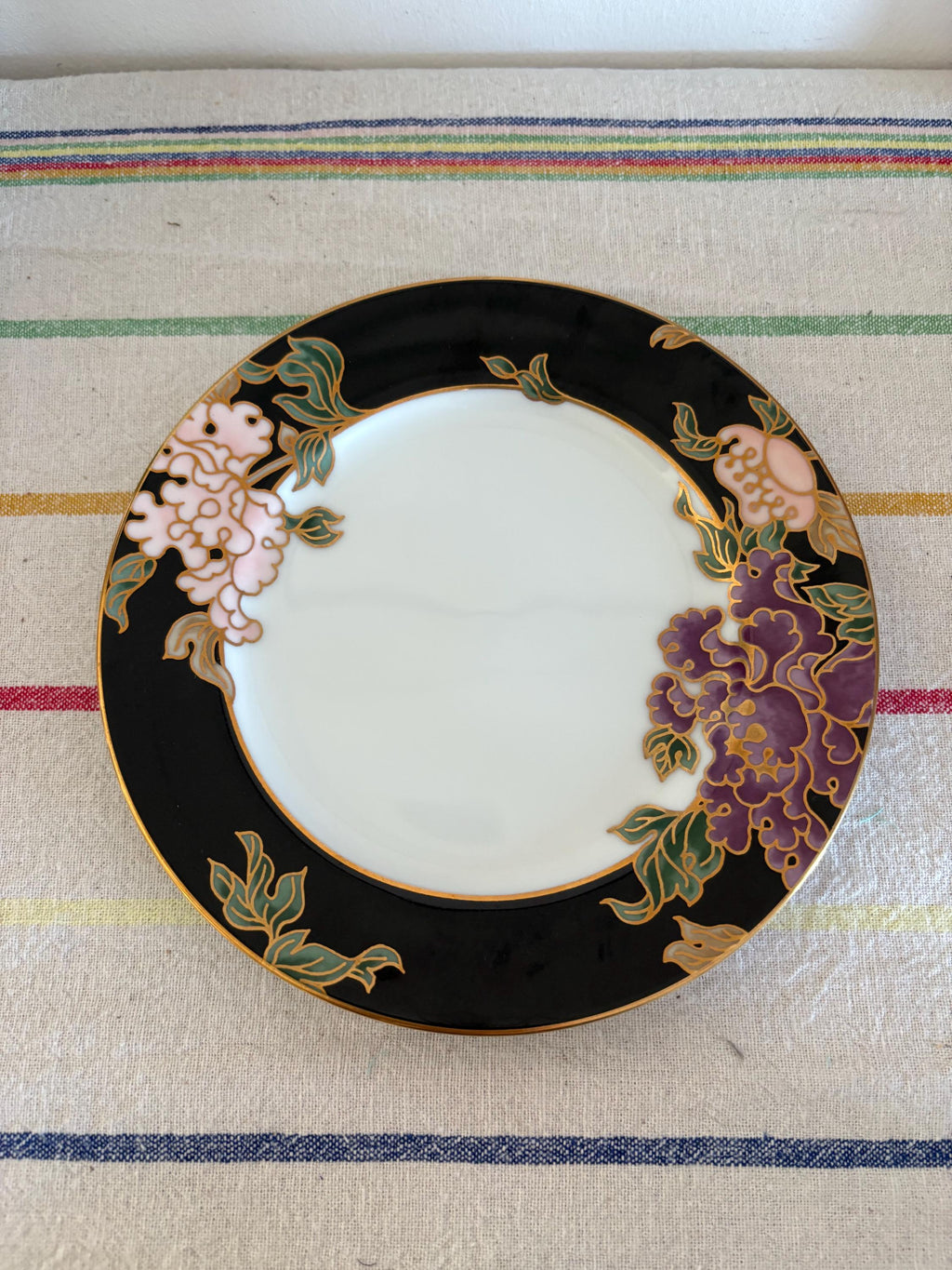A Pair Of  Gorgeous Japanese Porcelain Fitz And Floyd Cloisonne Peony 6.5"  Side Plate  Black And Pink Border And Gold Detailing