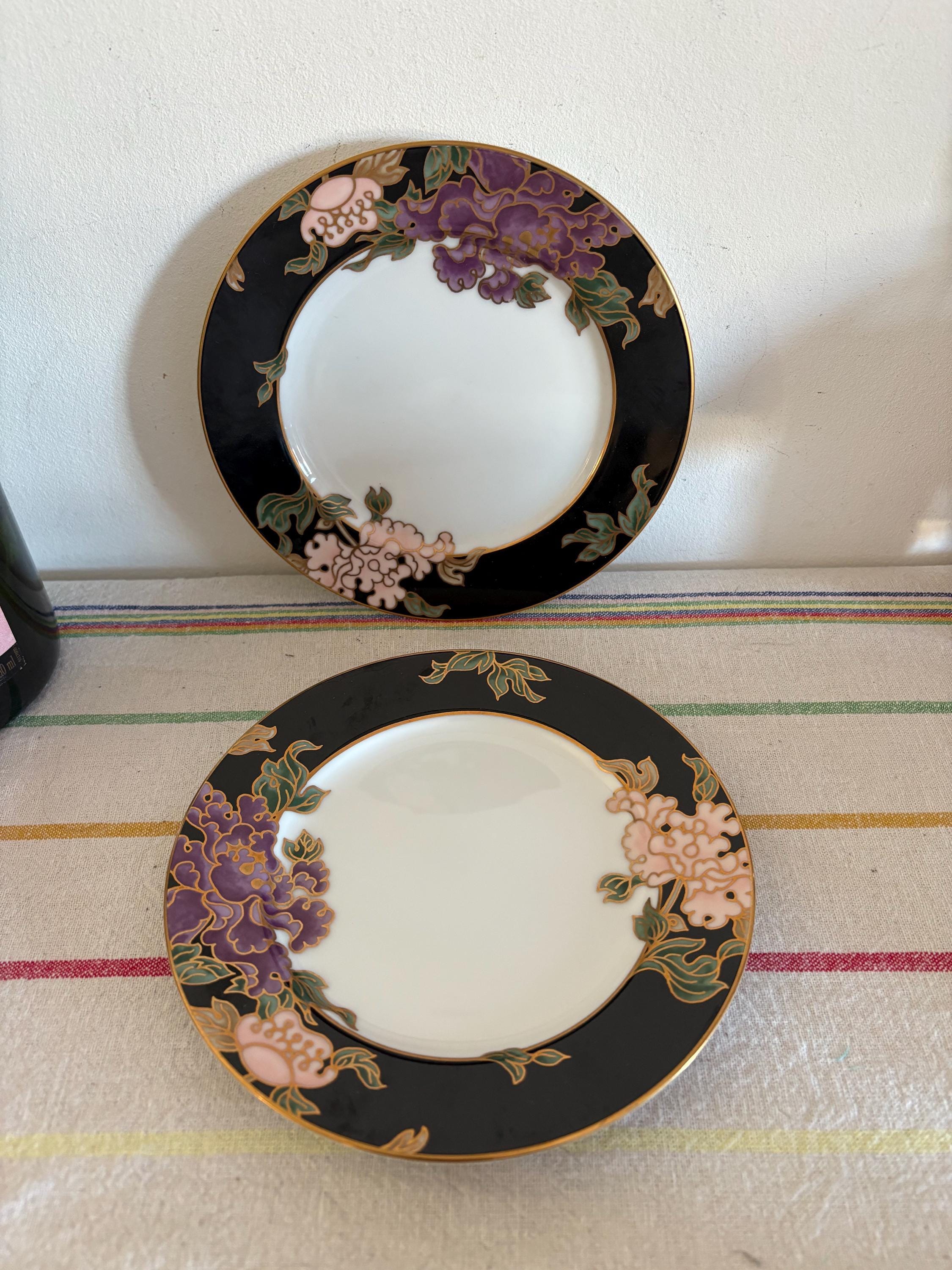 A Pair Of  Gorgeous Japanese Porcelain Fitz And Floyd Cloisonne Peony 6.5"  Side Plate  Black And Pink Border And Gold Detailing