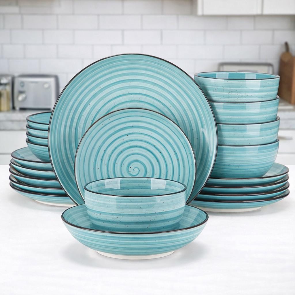 Blue Bonbon Double-Sided Dinnerware Set – 24 Pc Plates & Bowls