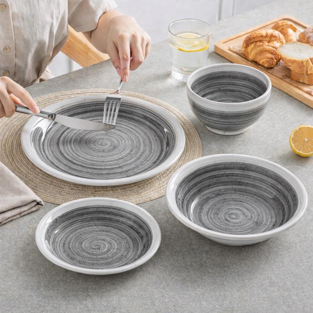 Grey and White Stoneware Dinnerware Set – 16/32/48 Pc Plates & Bowls
