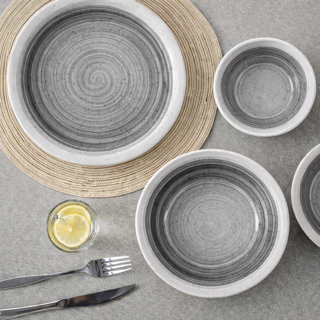 Grey and White Stoneware Dinnerware Set – 16/32/48 Pc Plates & Bowls