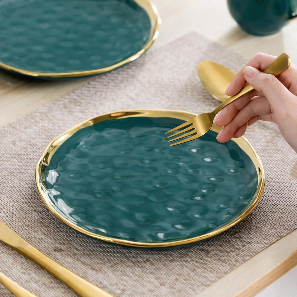 Gold Rim Green Porcelain Dinnerware Set – Modern 16/32/48 Piece Tableware