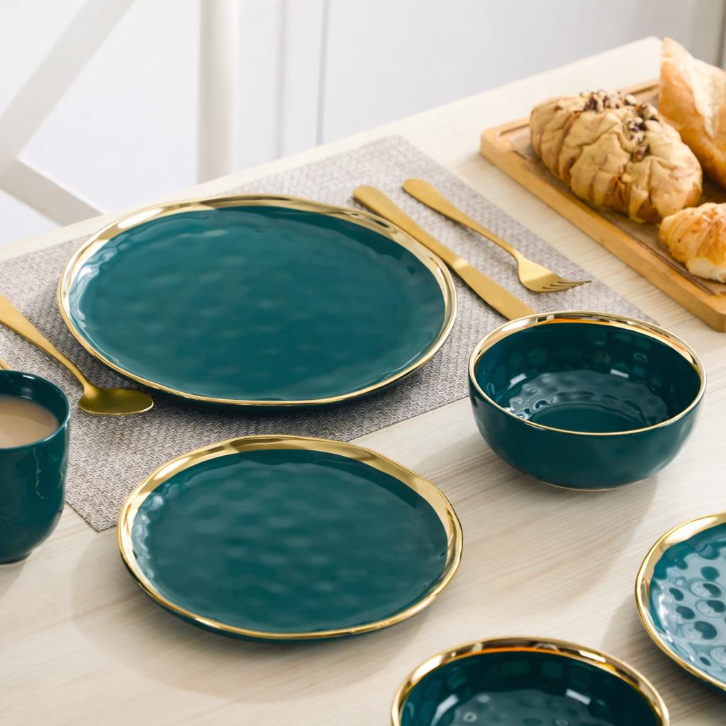 Gold Rim Green Porcelain Dinnerware Set – Modern 16/32/48 Piece Tableware