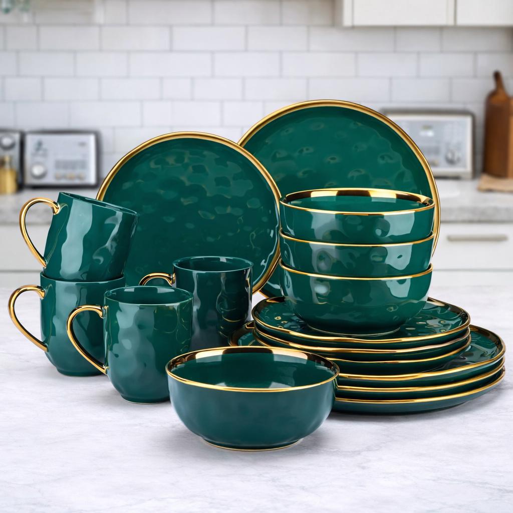 Gold Rim Green Porcelain Dinnerware Set – Modern 16/32/48 Piece Tableware