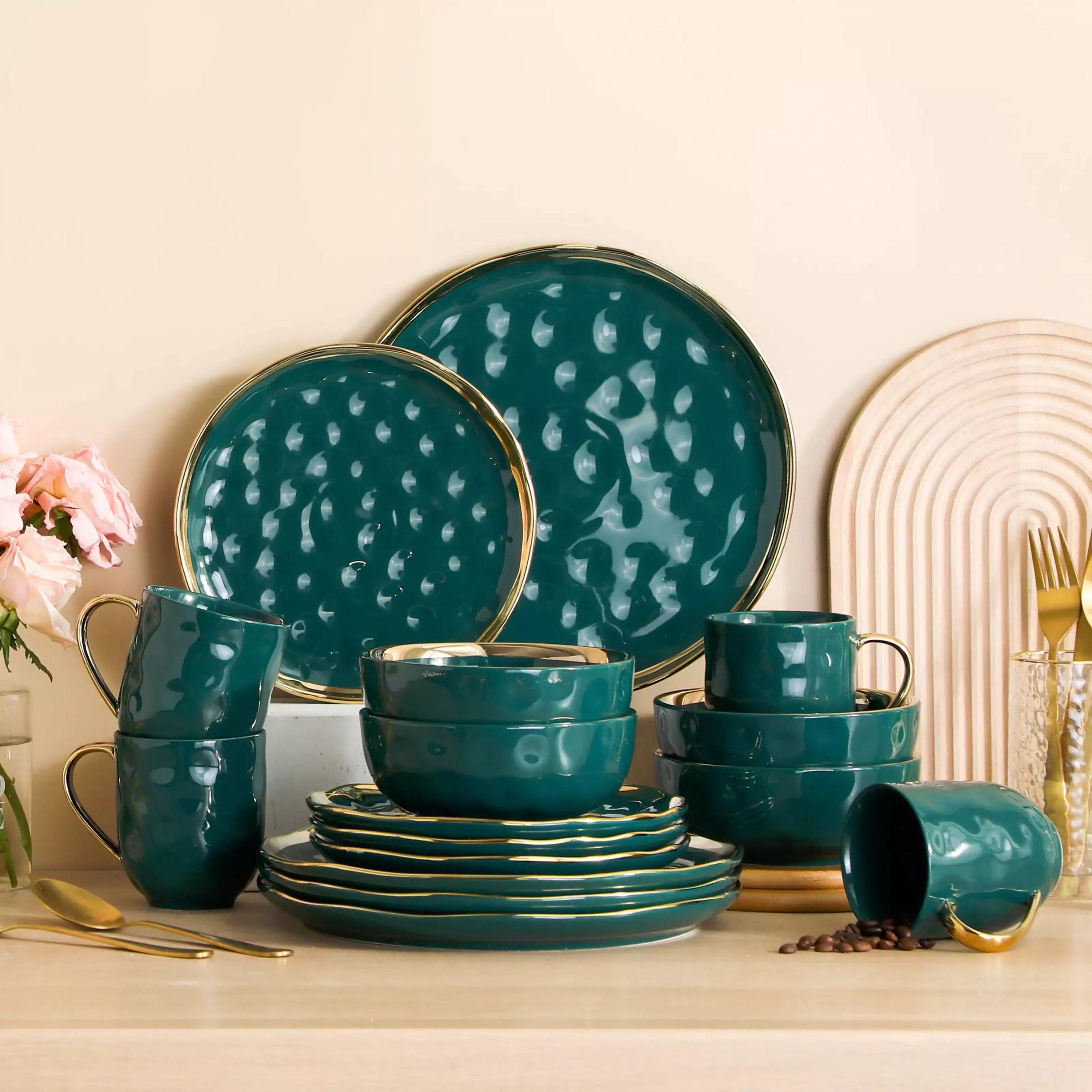 Gold Rim Green Porcelain Dinnerware Set – Modern 16/32/48 Piece Tableware