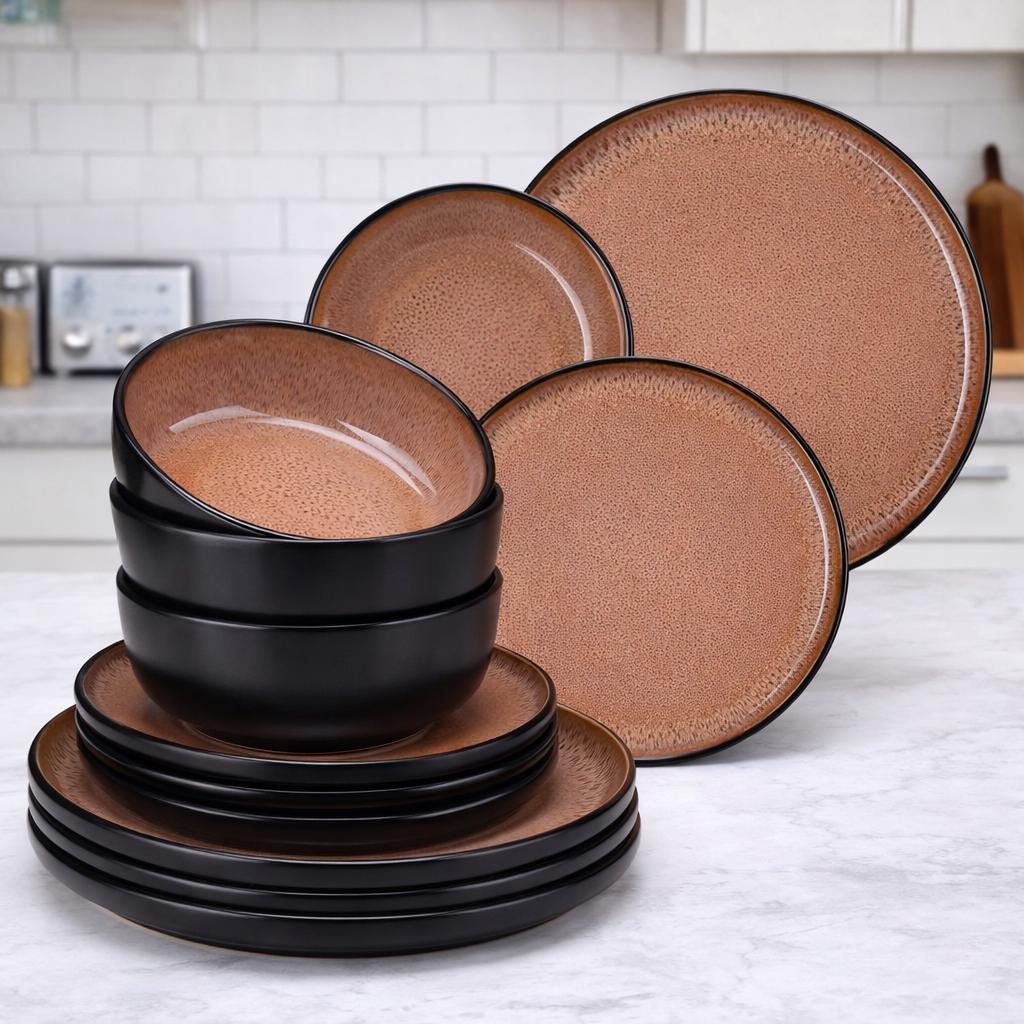 Brown Black Ceramic Dinnerware Set – Mediterranean Style Stoneware Plates Bowls