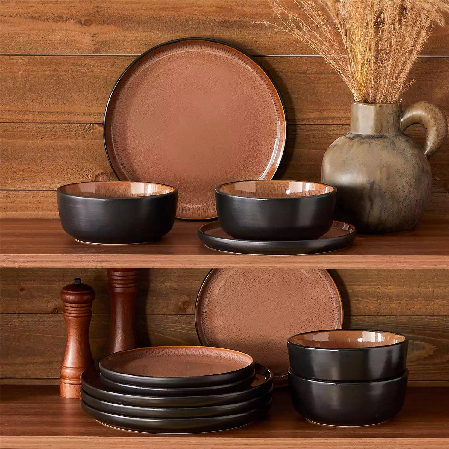 Brown Black Ceramic Dinnerware Set – Mediterranean Style Stoneware Plates Bowls