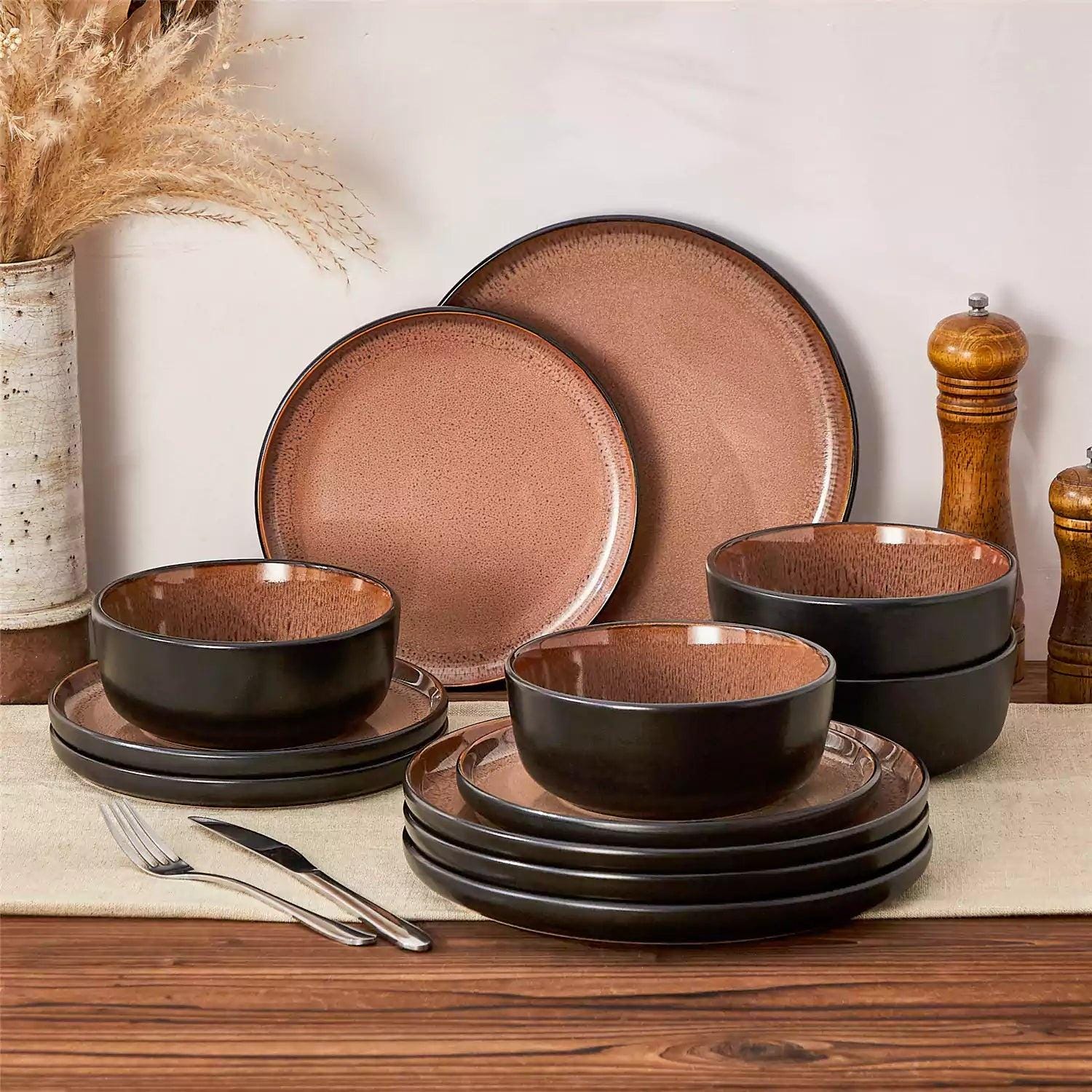 Brown Black Ceramic Dinnerware Set – Mediterranean Style Stoneware Plates Bowls