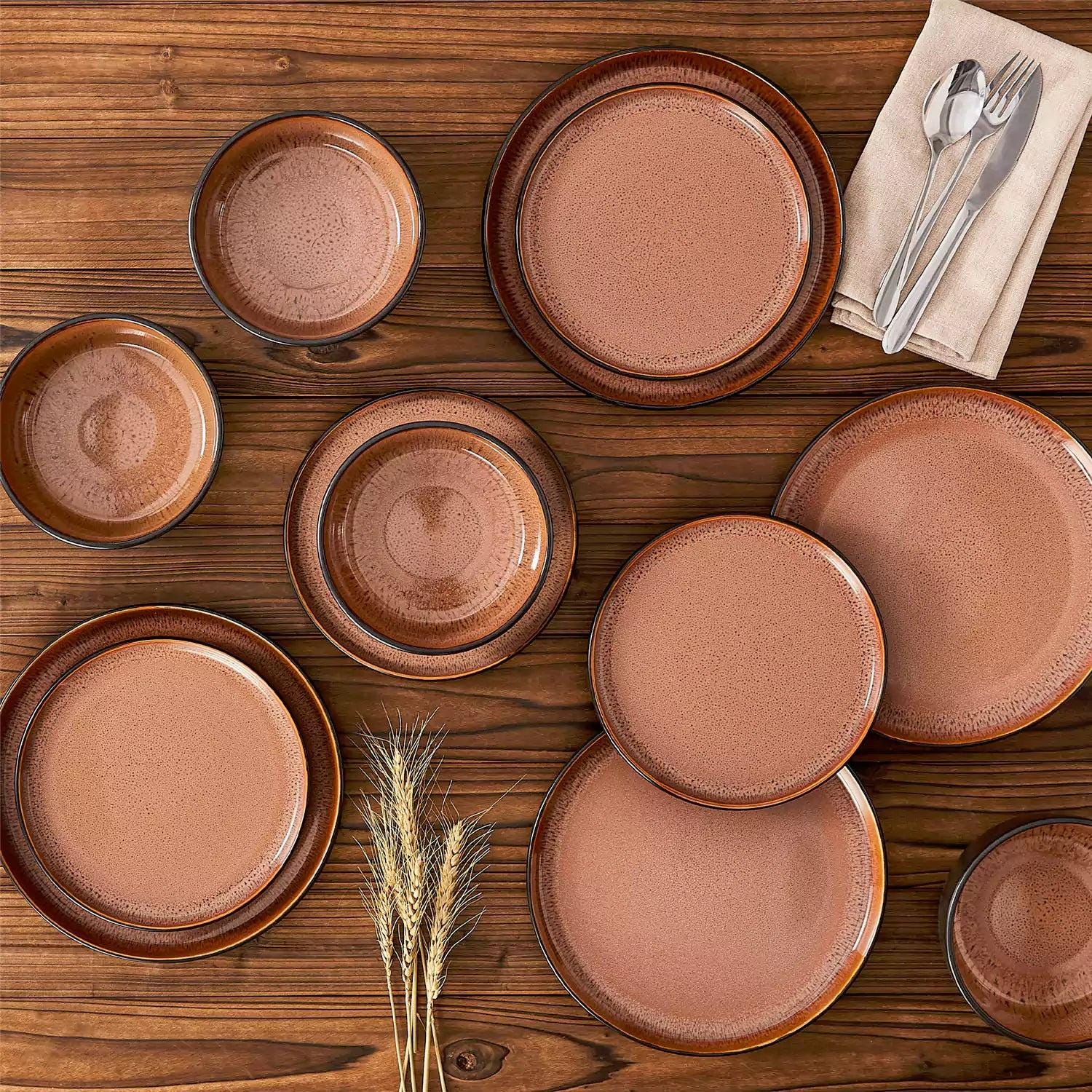Brown Black Ceramic Dinnerware Set – Mediterranean Style Stoneware Plates Bowls