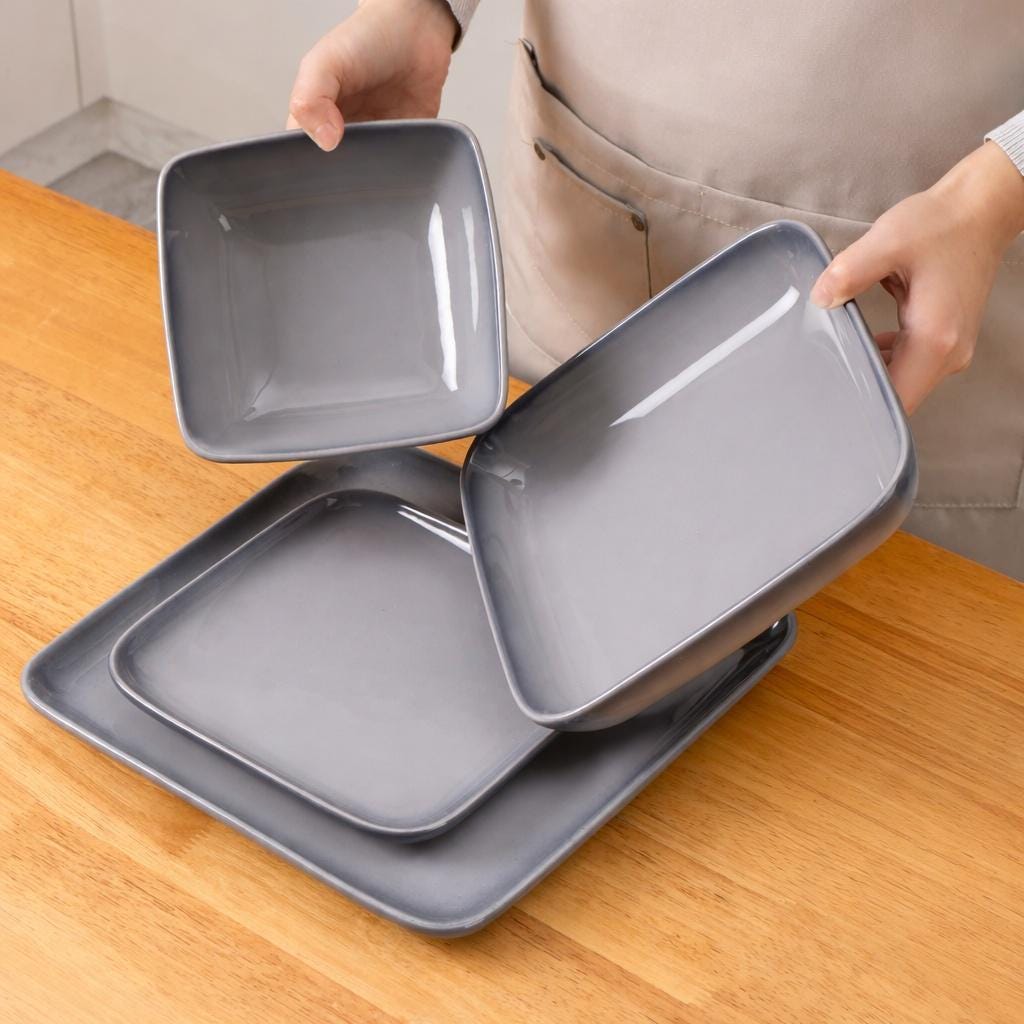 Gradient Square 16/32/48-Piece Grey Square Ceramic Dinnerware Set