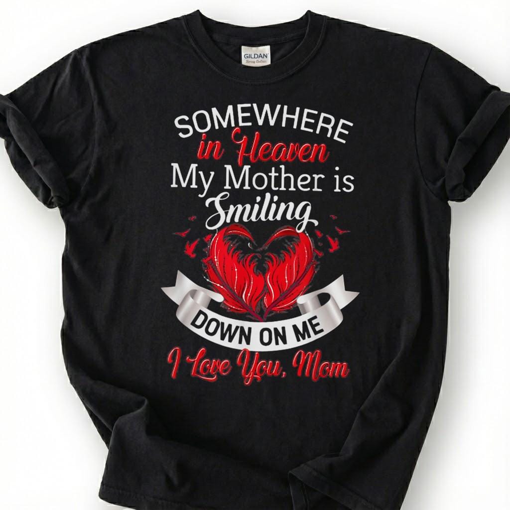 Smiling Mother Heaven Memorial Shirt, Loving Mom Angel Heart Tee, Grieving Daughter Remembrance T-Shirt, Missing Mother Tribute Top