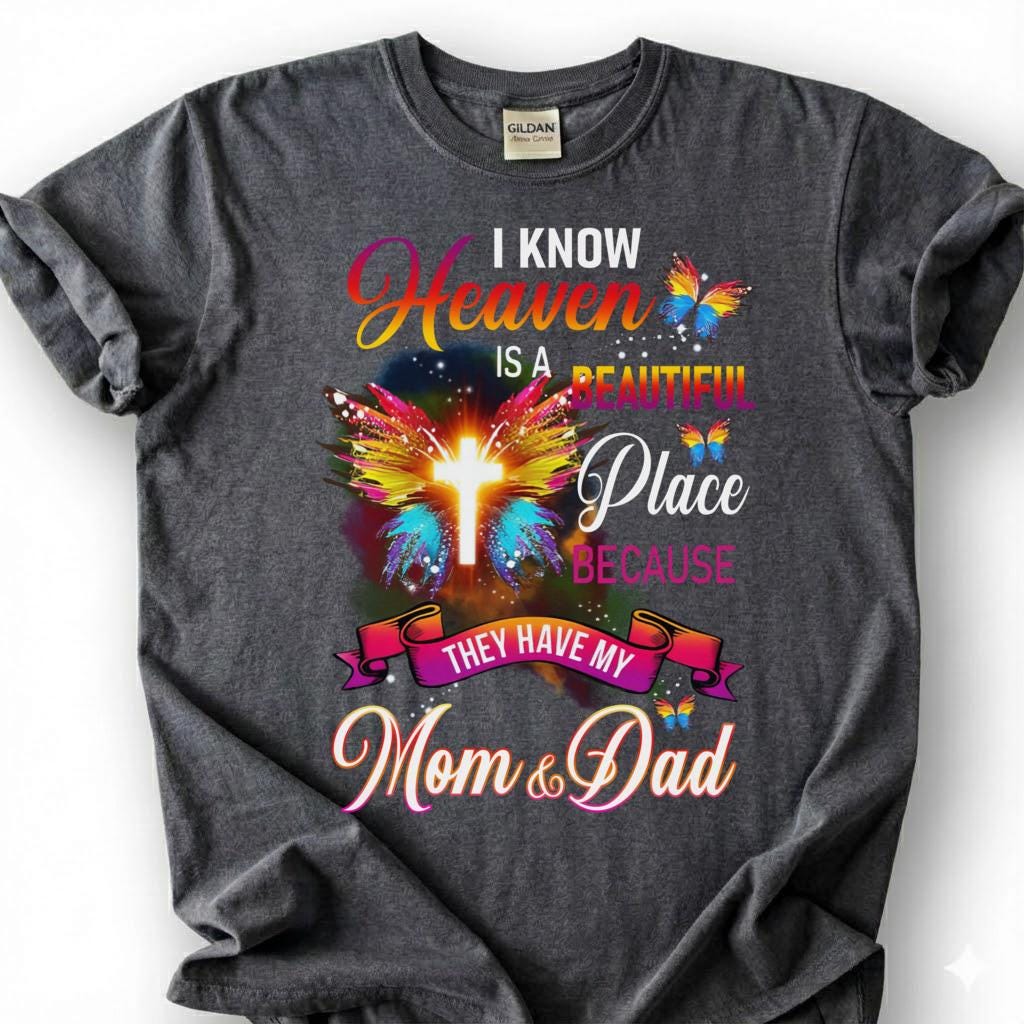 Mom And Dad In Heaven Shirt, Glowing Cross Butterfly Wing Tee, Grieving Orphan Memorial T-Shirt, Loss Of Both Parents Tribute Top