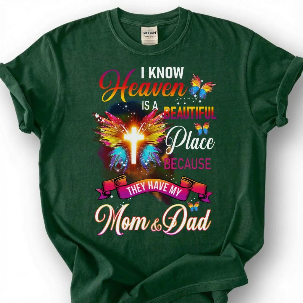 Mom And Dad In Heaven Shirt, Glowing Cross Butterfly Wing Tee, Grieving Orphan Memorial T-Shirt, Loss Of Both Parents Tribute Top
