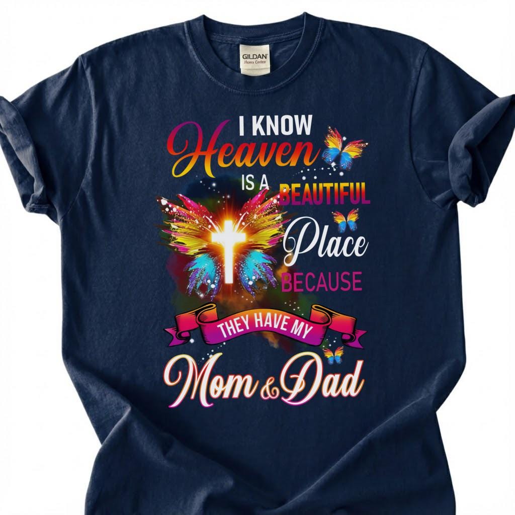 Mom And Dad In Heaven Shirt, Glowing Cross Butterfly Wing Tee, Grieving Orphan Memorial T-Shirt, Loss Of Both Parents Tribute Top