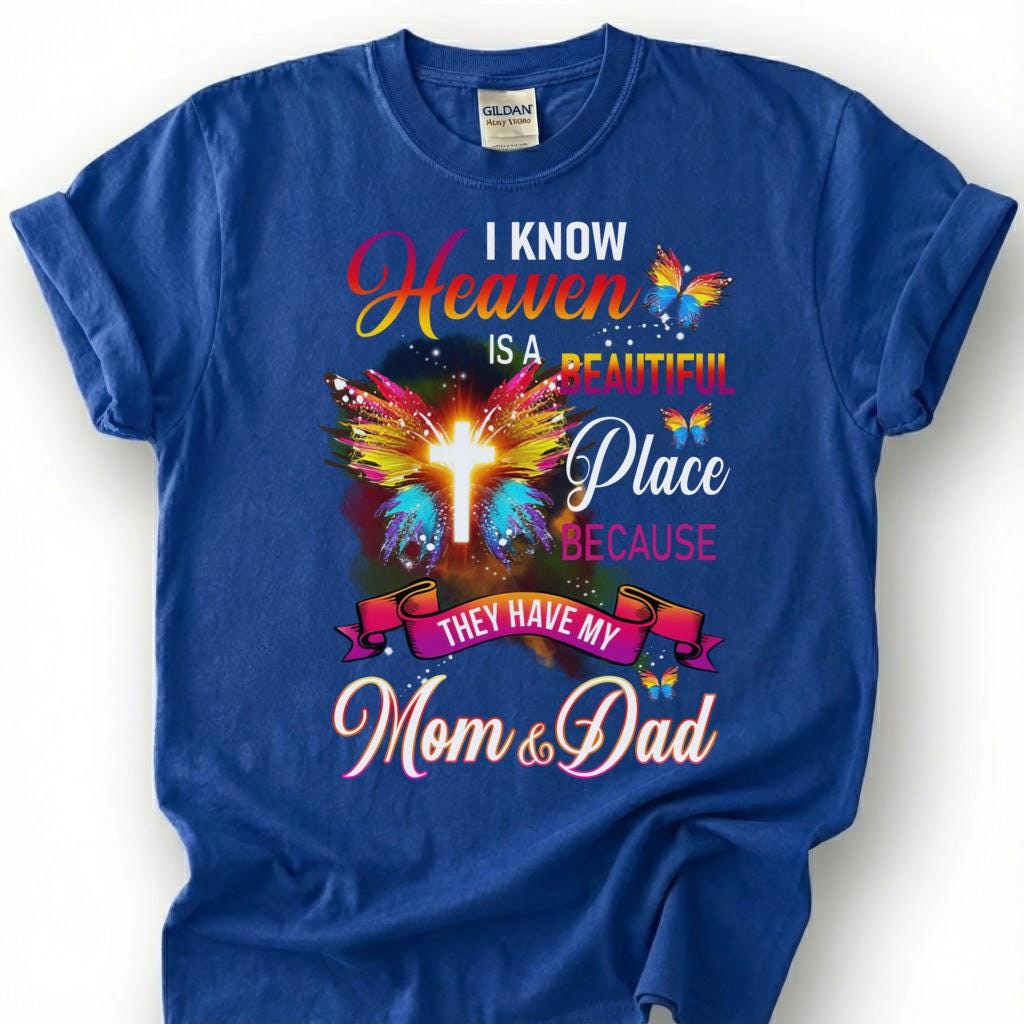 Mom And Dad In Heaven Shirt, Glowing Cross Butterfly Wing Tee, Grieving Orphan Memorial T-Shirt, Loss Of Both Parents Tribute Top