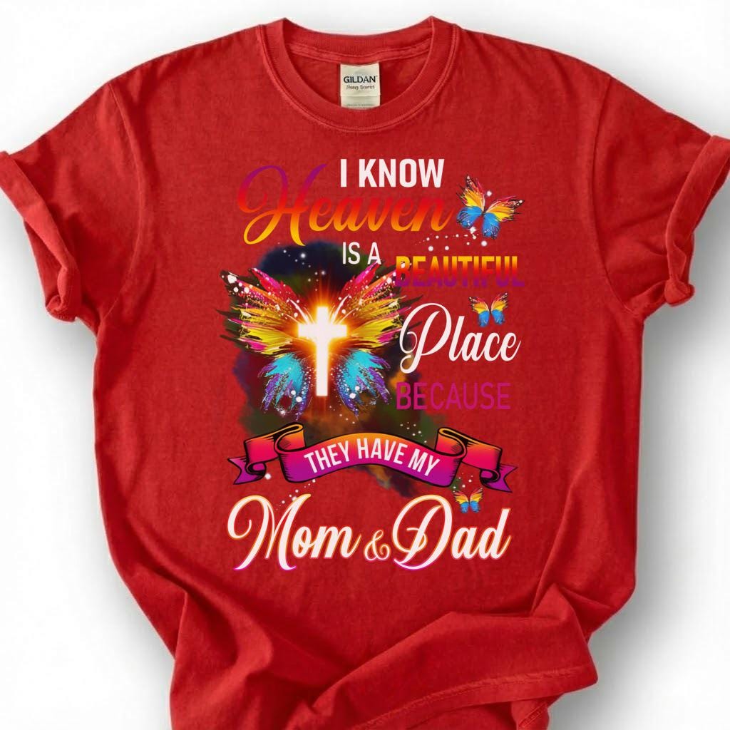 Mom And Dad In Heaven Shirt, Glowing Cross Butterfly Wing Tee, Grieving Orphan Memorial T-Shirt, Loss Of Both Parents Tribute Top