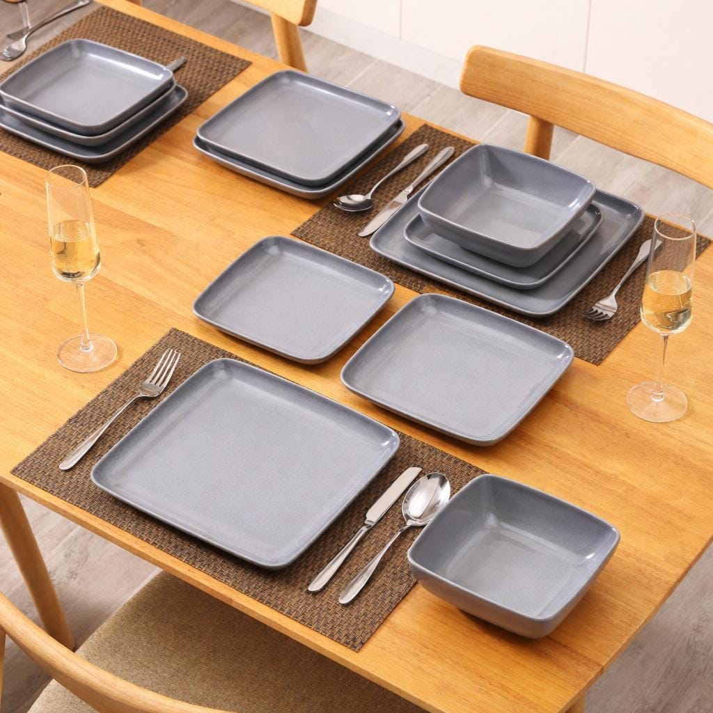 Gradient Square 16/32/48-Piece Grey Square Ceramic Dinnerware Set