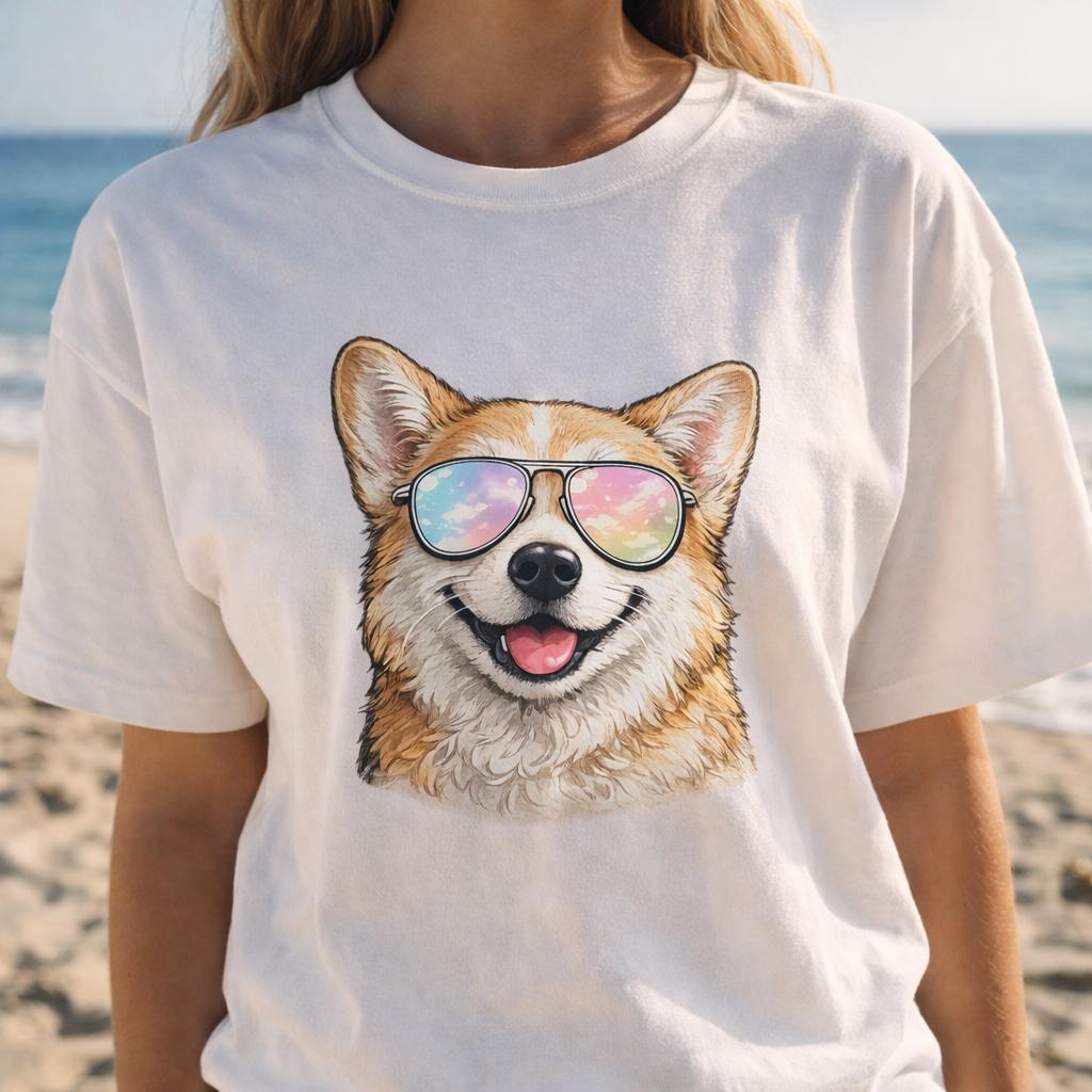 Cool Corgi Sunglasses T Shirt, Funny Dog Lover Tee, Cute Puppy Graphic Shirt, Welsh Corgi Gift, Unisex Black Pet Lover Beach Tee