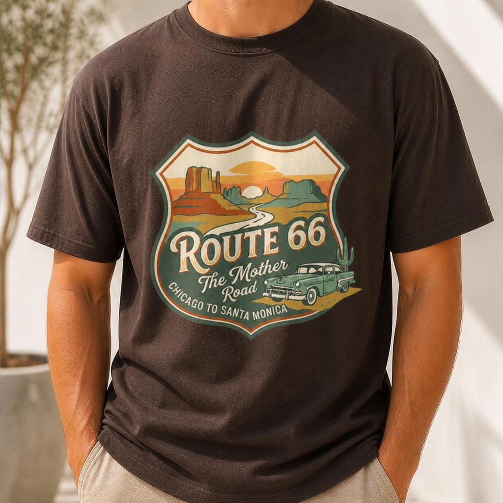 Route 66 Shield Vintage T-Shirt, The Mother Road Retro Graphic Tee, Chicago to Santa Monica Shirt, Road Trip Lover Gift, Unisex Travel Tee