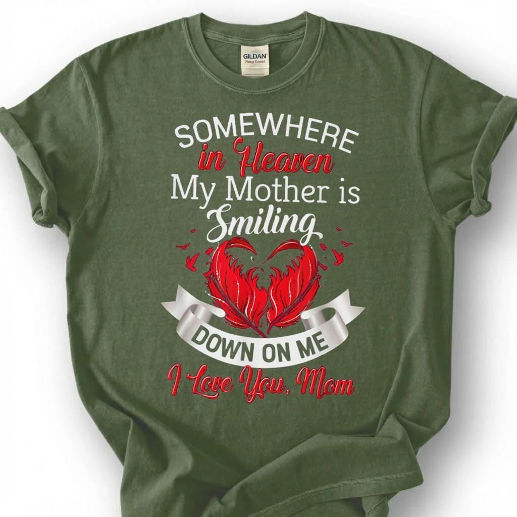 Smiling Mother Heaven Memorial Shirt, Loving Mom Angel Heart Tee, Grieving Daughter Remembrance T-Shirt, Missing Mother Tribute Top
