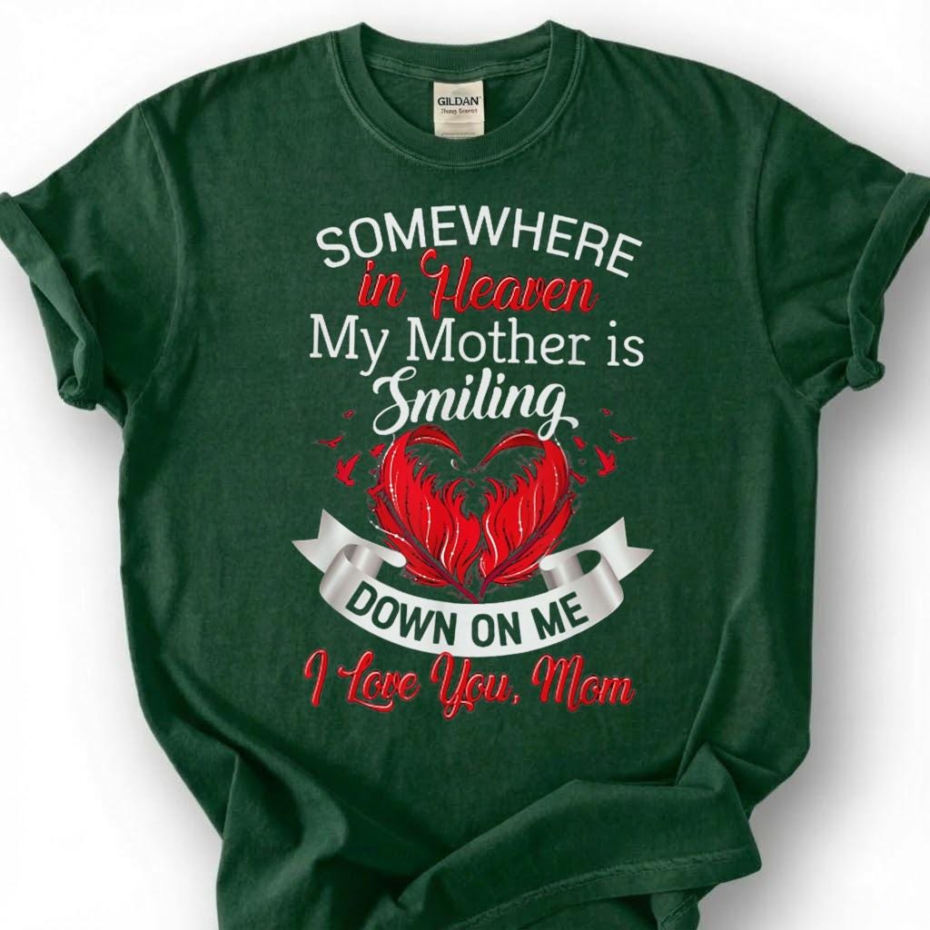 Smiling Mother Heaven Memorial Shirt, Loving Mom Angel Heart Tee, Grieving Daughter Remembrance T-Shirt, Missing Mother Tribute Top