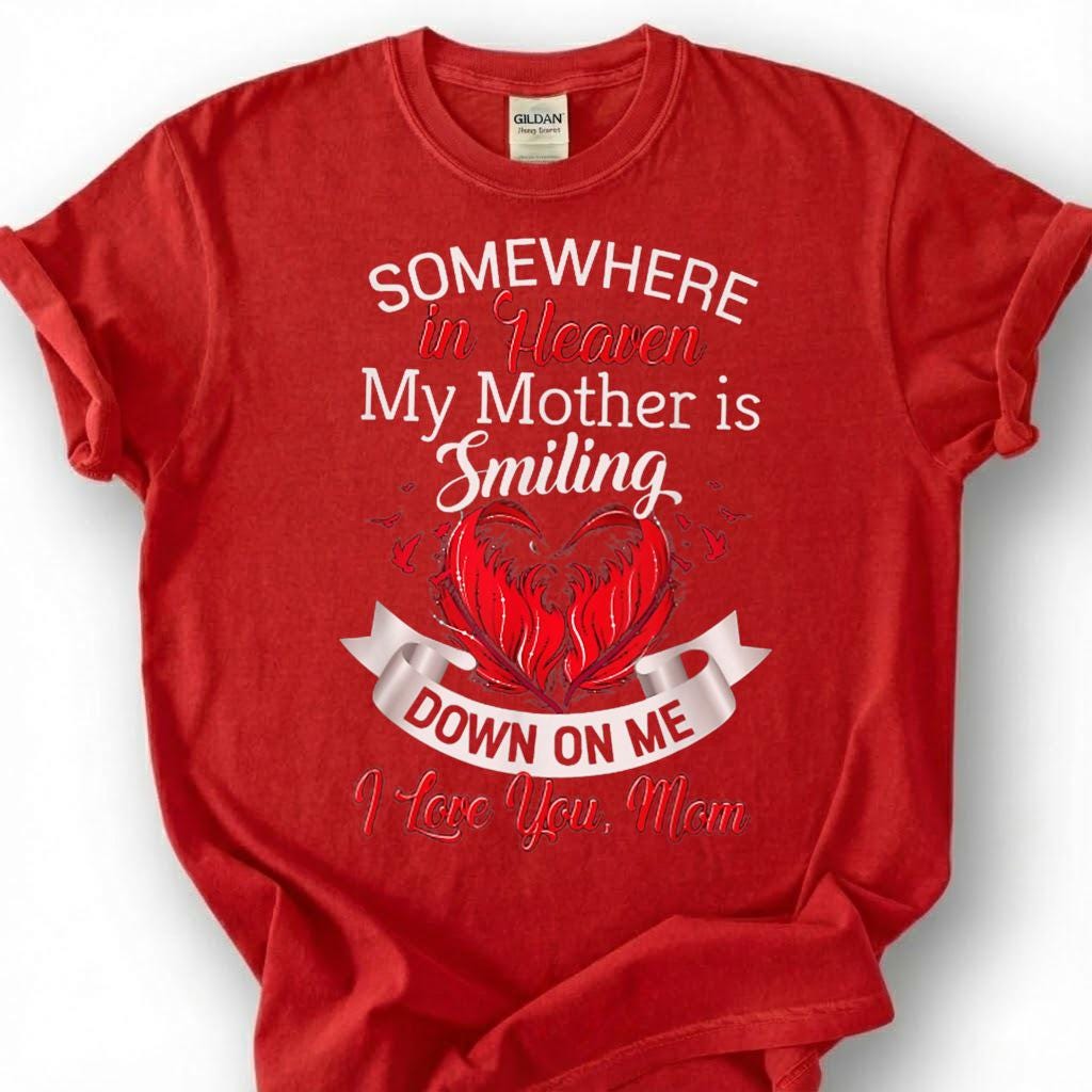 Smiling Mother Heaven Memorial Shirt, Loving Mom Angel Heart Tee, Grieving Daughter Remembrance T-Shirt, Missing Mother Tribute Top