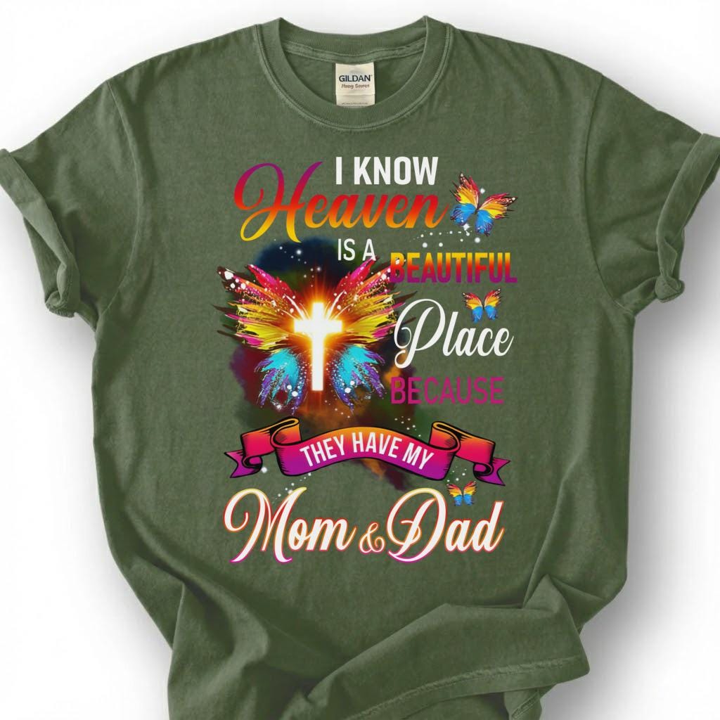Mom And Dad In Heaven Shirt, Glowing Cross Butterfly Wing Tee, Grieving Orphan Memorial T-Shirt, Loss Of Both Parents Tribute Top