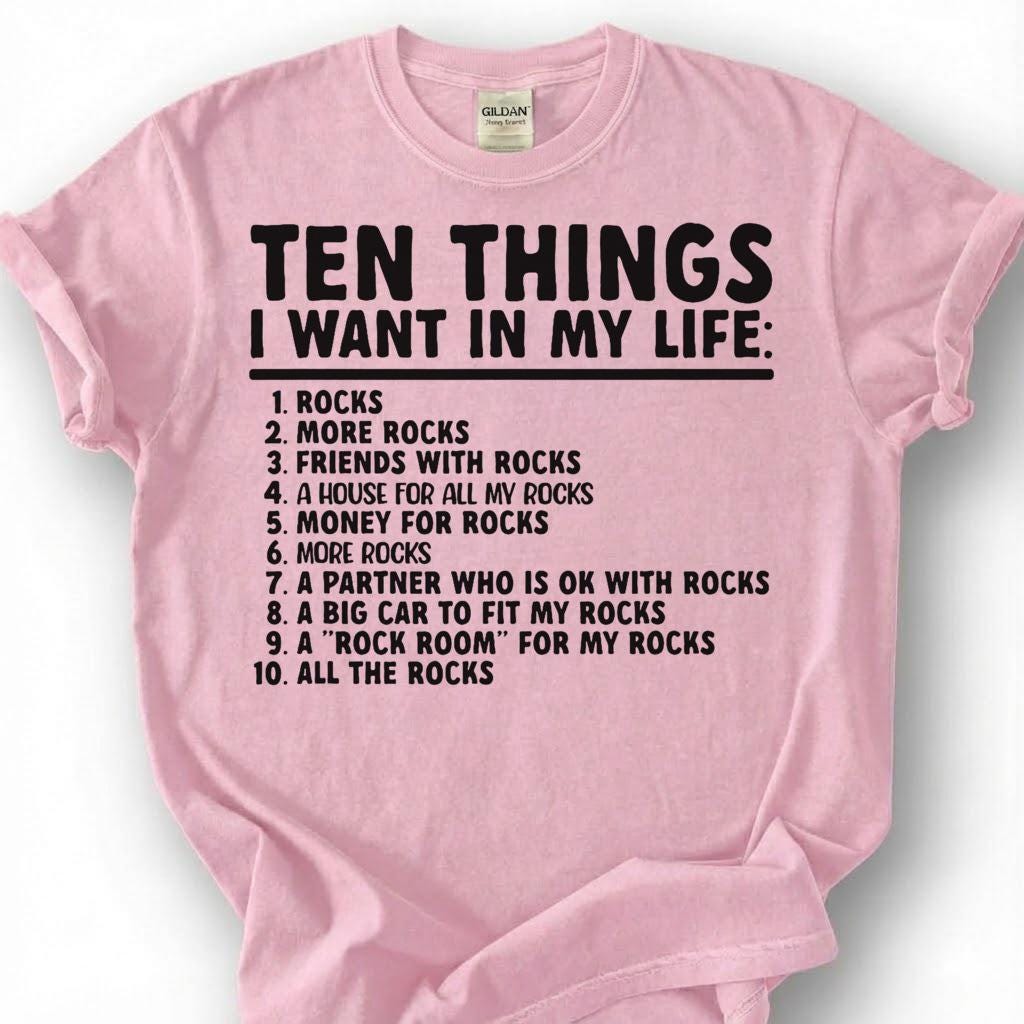 Ten Things I Want In My Life Rocks More Rocks Shirt, Geology Humor Checklist Tee, Rock Collector T-Shirt, Rockhound Earth Science Gift