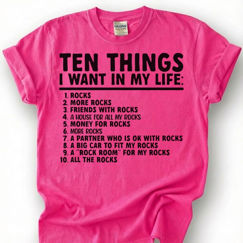 Ten Things I Want In My Life Rocks More Rocks Shirt, Geology Humor Checklist Tee, Rock Collector T-Shirt, Rockhound Earth Science Gift