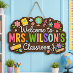 Personalized Wooden Classroom Door Sign – Custom Teacher Name, Colorful School Icons – view 2