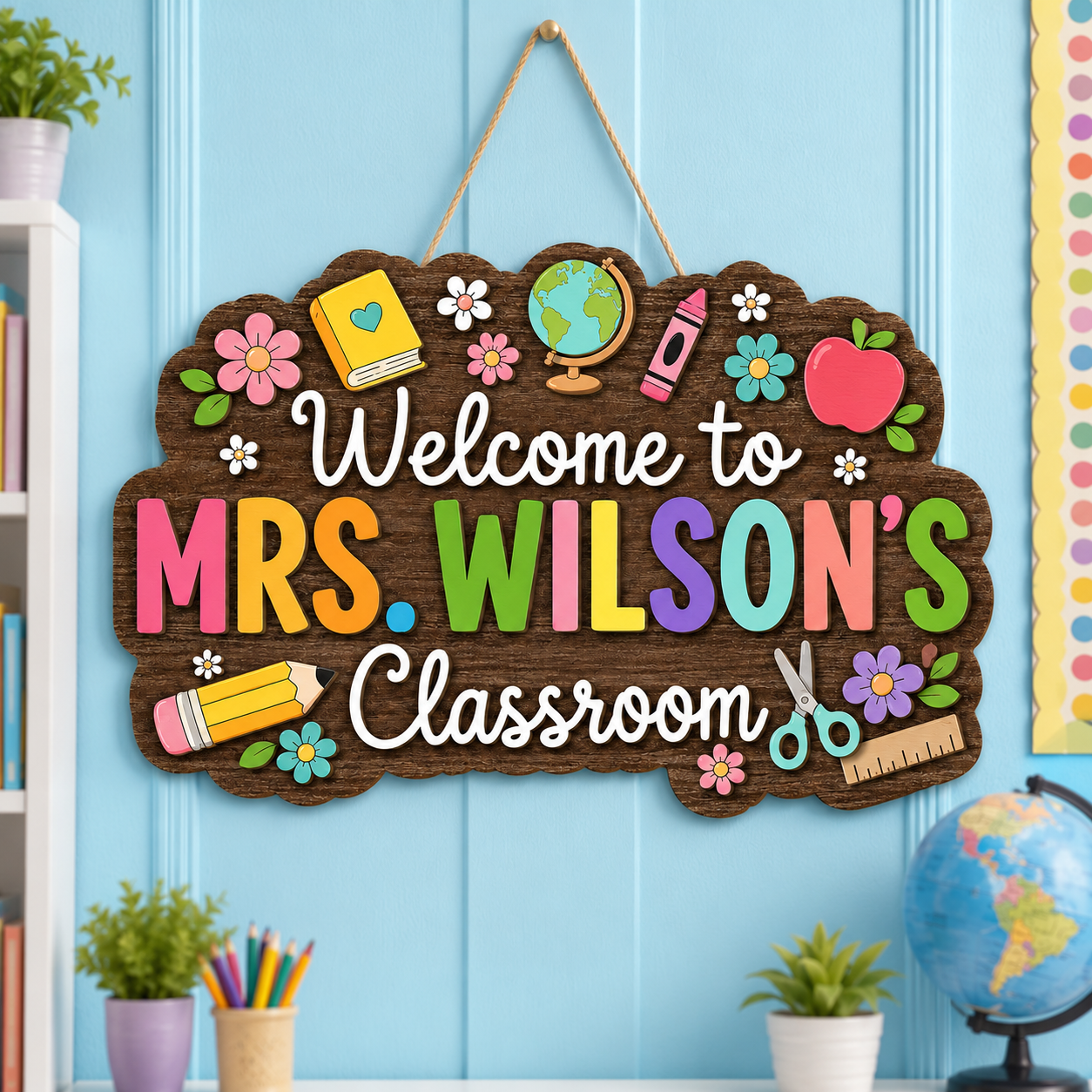 Personalized Wooden Classroom Door Sign – Custom Teacher Name, Colorful School Icons – view 2