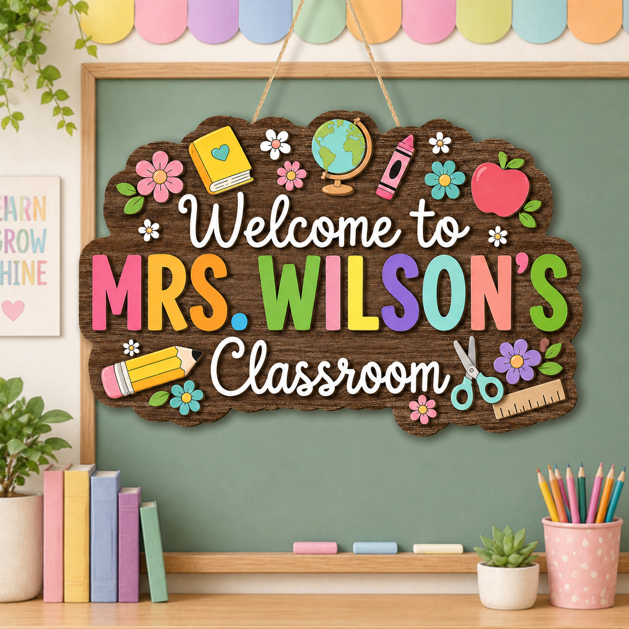 Personalized Wooden Classroom Door Sign – Custom Teacher Name, Colorful School Icons – view 3