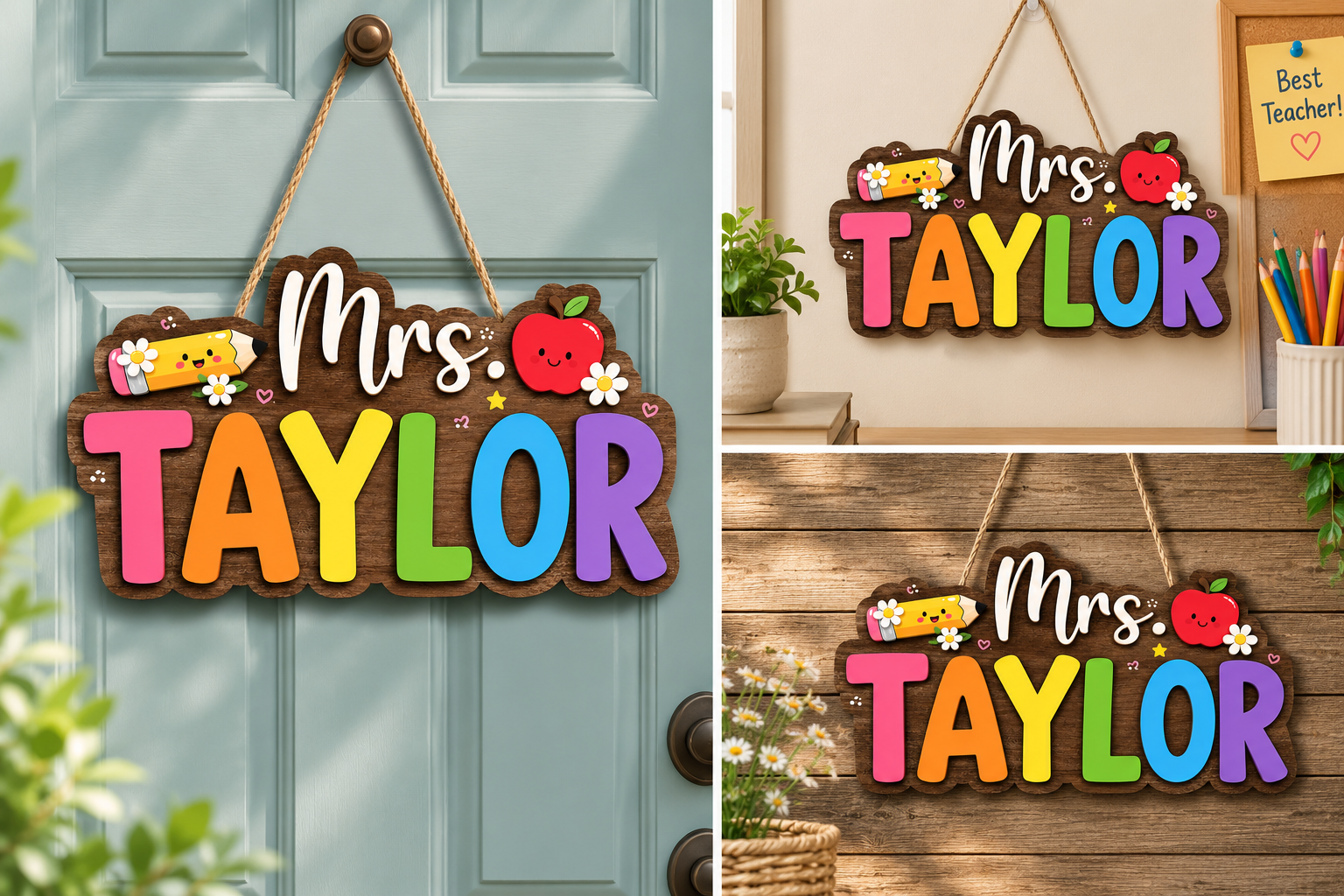Personalized Wooden Teacher Name Sign – Colorful 3D Classroom Door Hanger – view 2