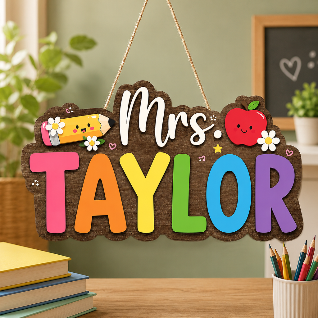 Personalized Wooden Teacher Name Sign – Colorful 3D Classroom Door Hanger – view 3
