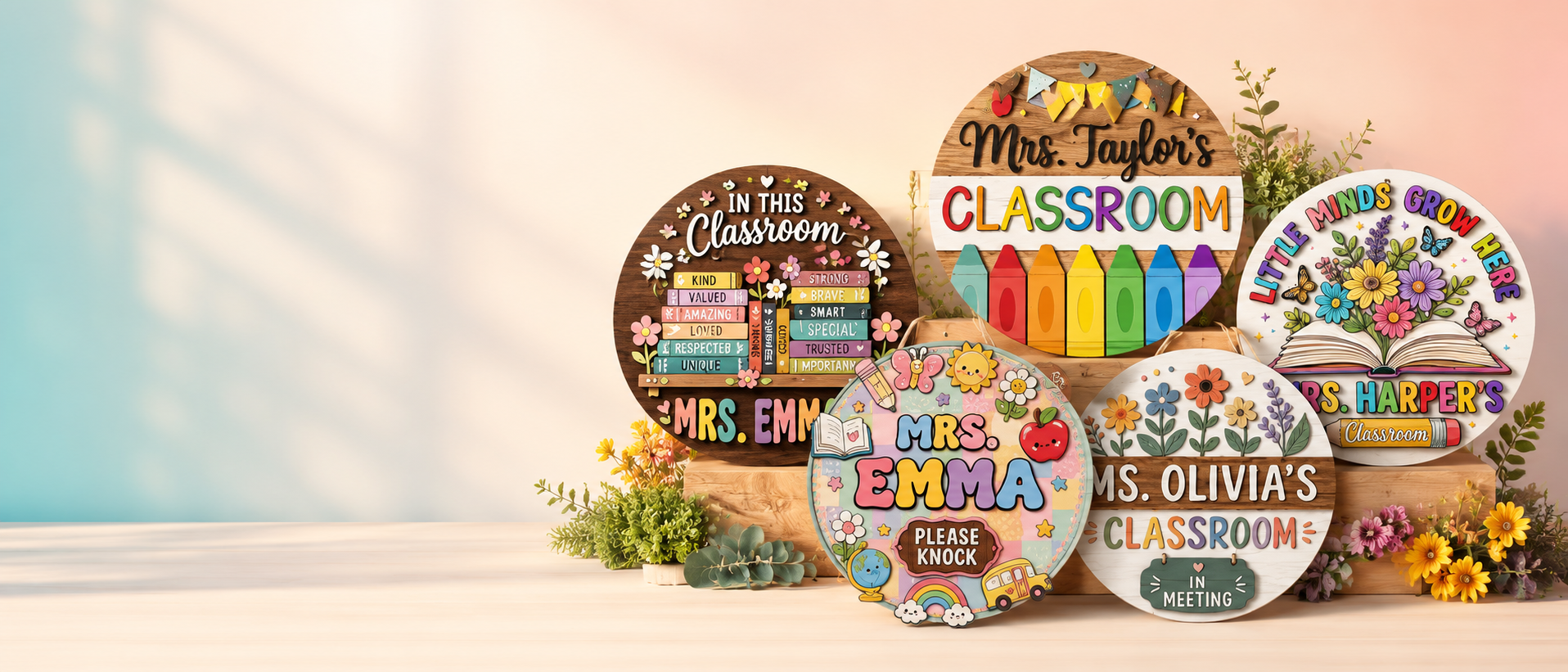 A set of personalized round wooden classroom signs displayed together on a light surface with decorative flowers and a soft pastel background. The signs feature colorful illustrations and custom names such as Mrs.