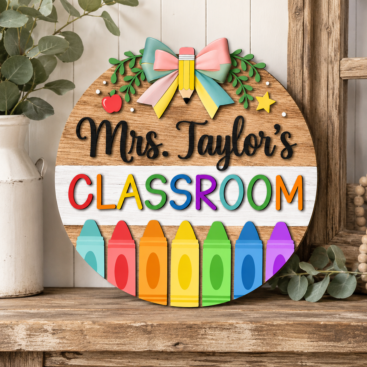 Personalized Wooden Classroom Welcome Sign – Custom Teacher Name, Pencil Design – view 2