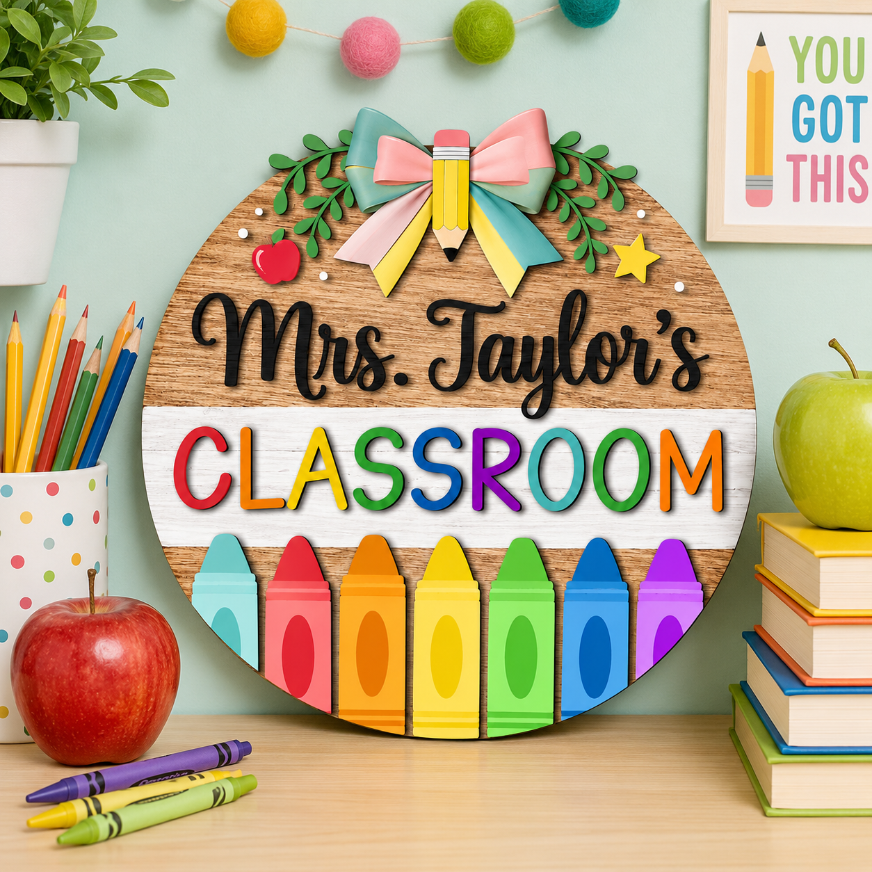Personalized Wooden Classroom Welcome Sign – Custom Teacher Name, Pencil Design – view 3