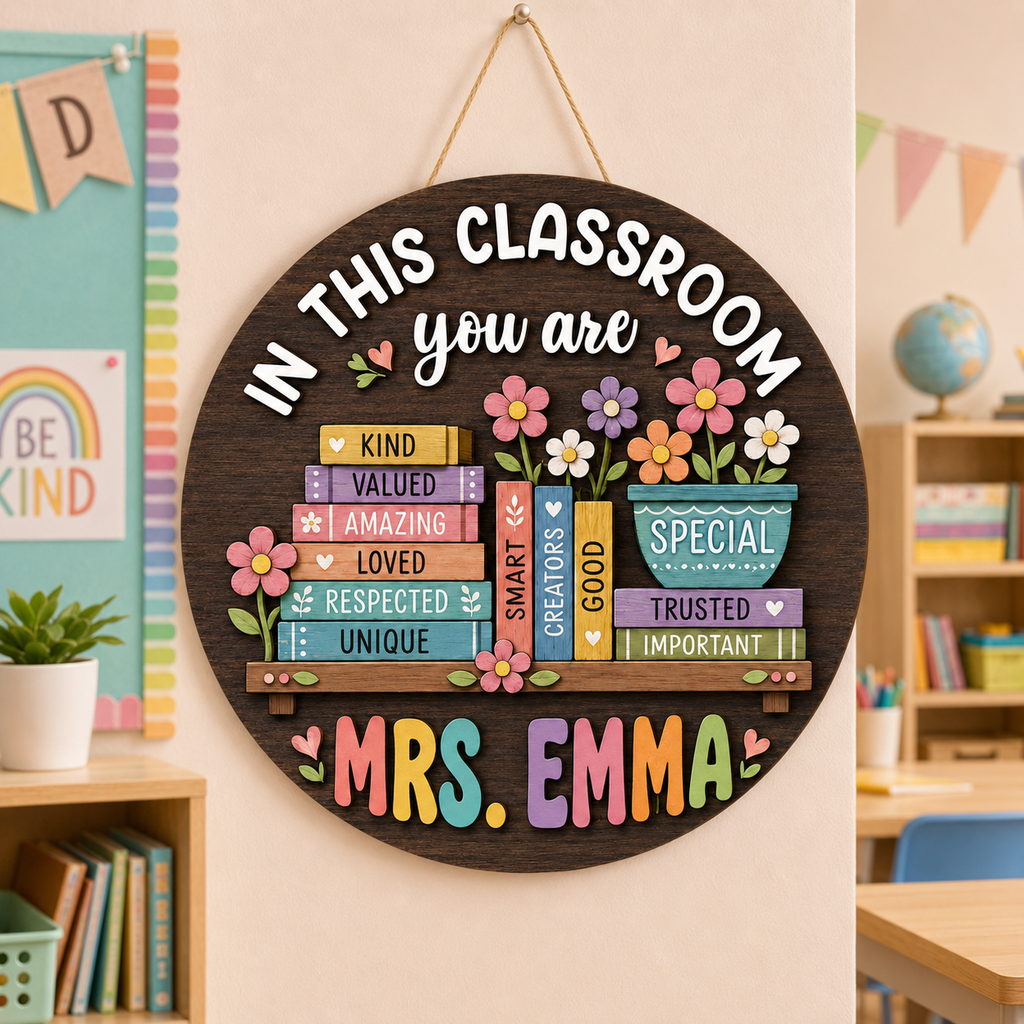 Personalized Wooden Classroom Door Sign – Custom Teacher Name, Books & Flowers – view 2