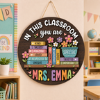 Personalized Wooden Classroom Door Sign – Custom Teacher Name, Books & Flowers – view 2
