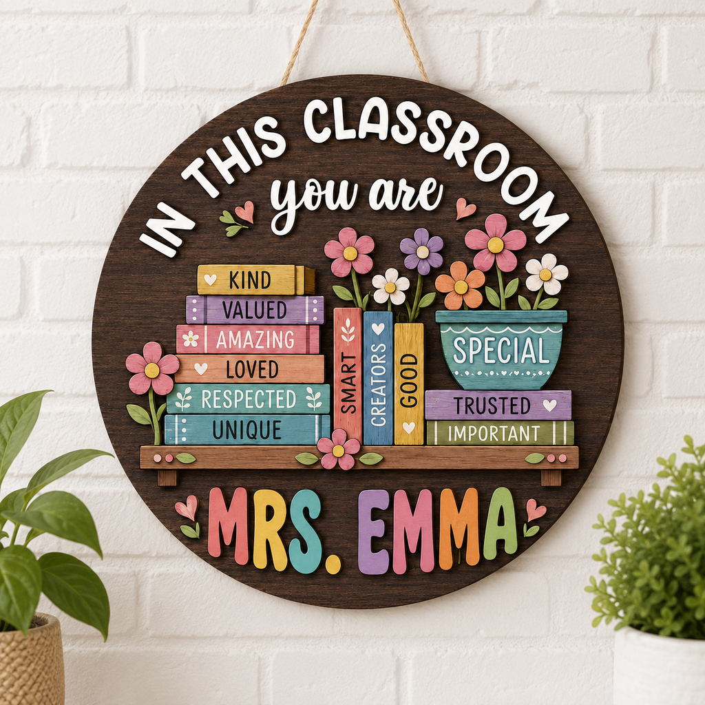 Personalized Wooden Classroom Door Sign – Custom Teacher Name, Books & Flowers – view 3