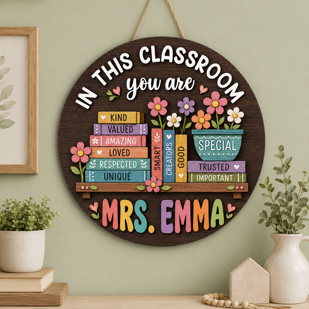 Personalized Wooden Classroom Door Sign – Custom Teacher Name, Books & Flowers – view 4