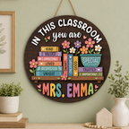 Personalized Wooden Classroom Door Sign – Custom Teacher Name, Books & Flowers – view 4