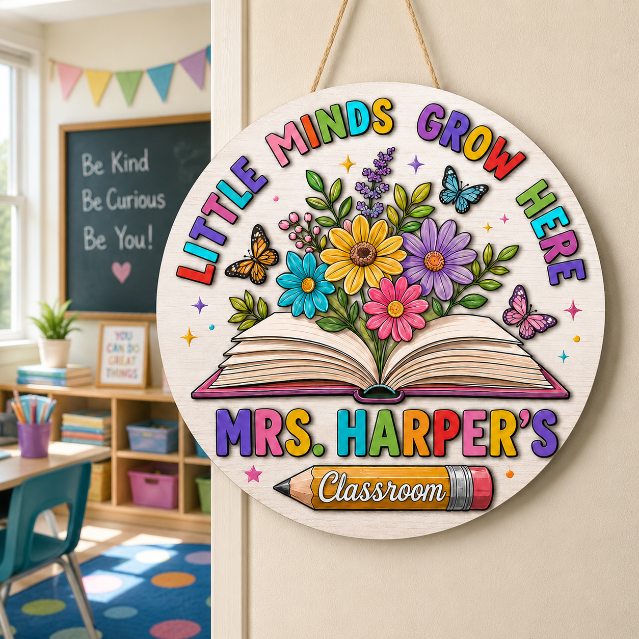 Personalized Floral Classroom Door Sign – Custom Teacher Name, Book Design – view 3