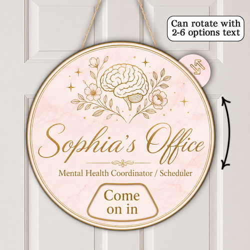 A round hanging personalized sign with a pale pink marble background and gold illustration of a brain, flowers, and stars. The sign reads 'Sophia's Office' and 'Mental Health Coordinator / Scheduler' with 'Come on in' at the bottom.