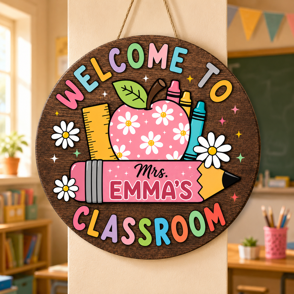 Personalized Wooden Classroom Welcome Sign – Custom Teacher Name, Floral Design – view 2