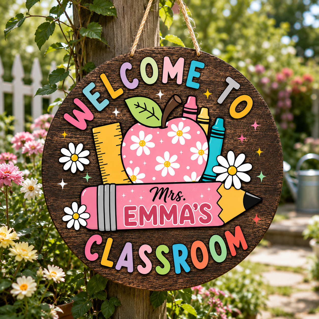 Personalized Wooden Classroom Welcome Sign – Custom Teacher Name, Floral Design – view 3